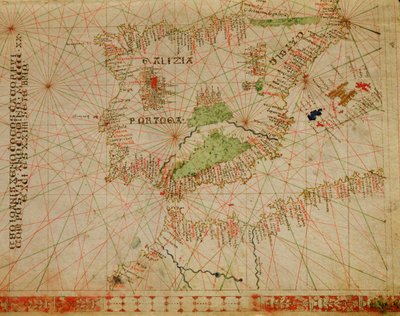 The Iberian Peninsula and the North Coast of Africa, from a Nautical Atlas, 1520 (detail) by Giovanni Xenodocus da Corfu